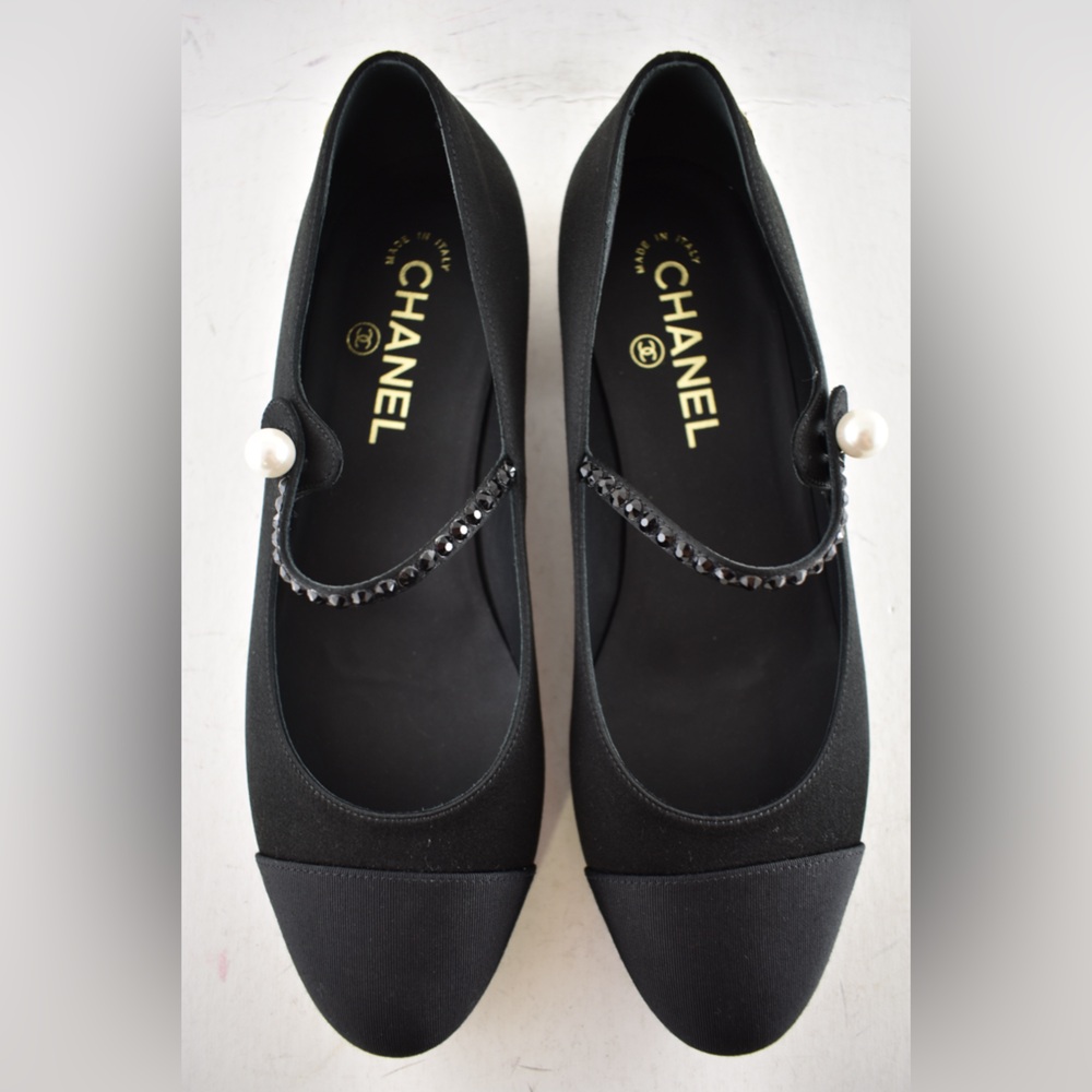 Chanel 24B Black Silk Crystal CC Logo Mary Jane Strap Ballerina Ballet Flat 38.5 - Picture 9 of 15